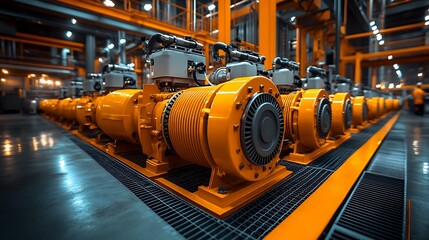 Industrial Powerhouse: A row of powerful electric motors hum with energy in a modern industrial setting.