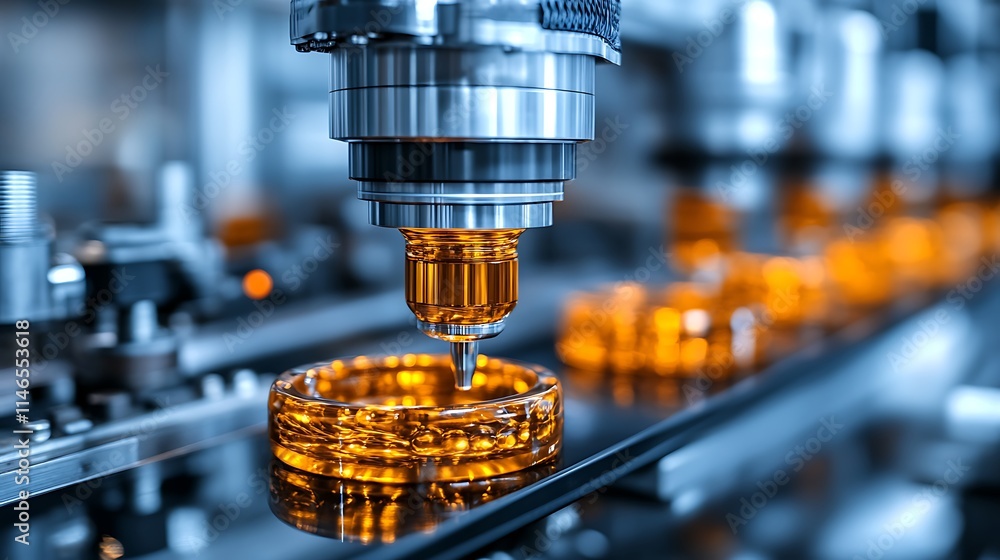 Poster industrial precision: a close-up view of a robotic arm meticulously assembling components on a produ
