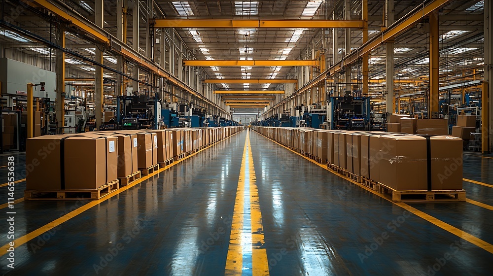 Poster factory floor perspective: rows of packaged goods line a gleaming factory floor, creating a striking