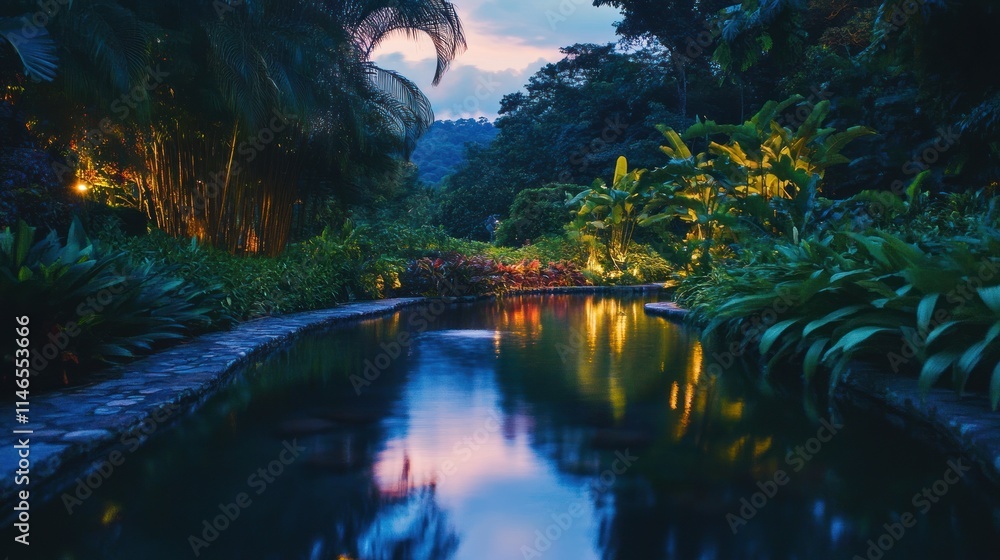 Poster serene garden with a reflective pool surrounded by lush vegetation at twilight.