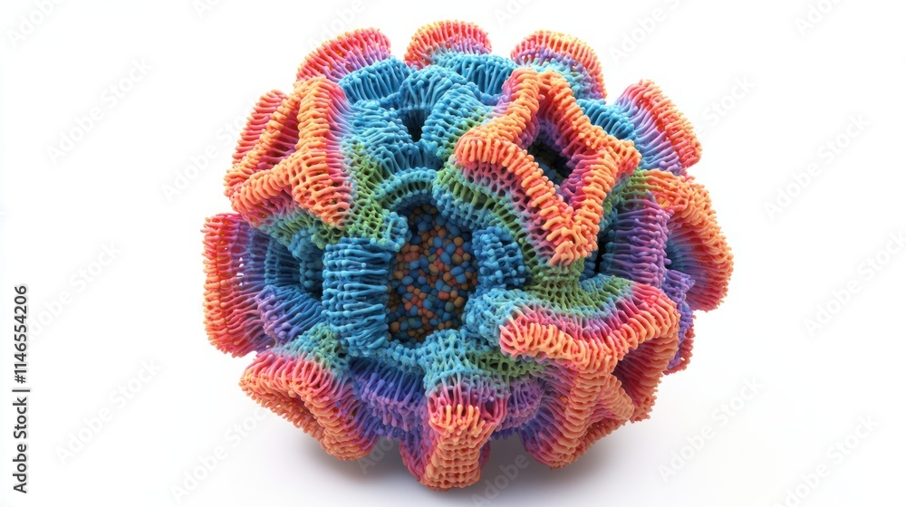 Poster a vibrant 3d virus cell with distinct layers and an array of spike proteins, rendered with precision