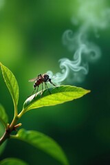 Fototapeta premium Fogged DDT spray killing mosquitoes on a branch, mosquito, tree, leaf