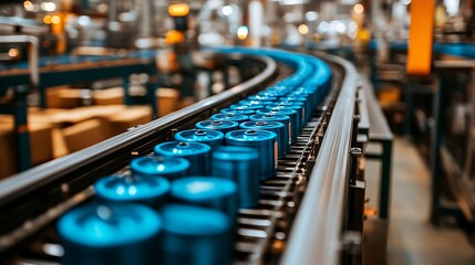 Conveyor Belt Production: A close-up view of a sleek, industrial conveyor belt carrying a stream of blue cylindrical products, highlighting the efficient and seamless flow of modern manufacturing.