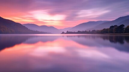Fototapeta premium Serene landscape at dawn with mountains reflecting in calm water.