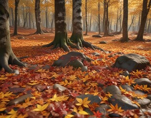 Forest floor blanketed with a thick layer of fallen autumn leaves, leaf litter, forest floor, tree trunks