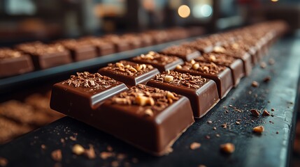 Artisan Chocolate Production: Rows of decadent dark chocolate bars, studded with crunchy nuts, glide along a conveyor belt, capturing the essence of artisanal chocolate making.  