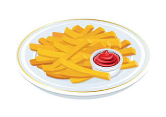 French fries with ketchup on a plate vector illustration. French fries on a plate icon vector isolated on a white background. Fast food meal drawing