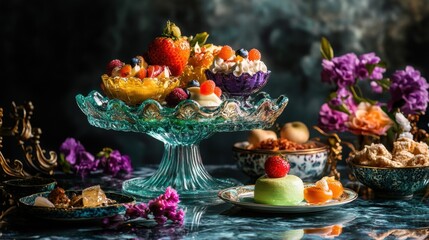 Fototapeta premium elegant dessert platter with fresh fruit and pastries