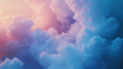 stunning aerial view of billowing clouds at sunset, blending hues of blue and pink, creating a dreamy atmosphere that invites contemplation and wonderment