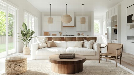 Fototapeta premium coastal living room interior design with white sofa and natural