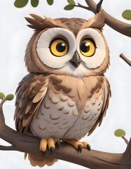 Obraz premium owl on branch 3d cartoon