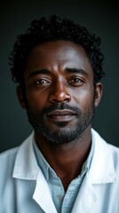 Fototapeta premium male doctor resident of the Ivory Coast, 50 years old, very curly black hair, dressed in a white coat