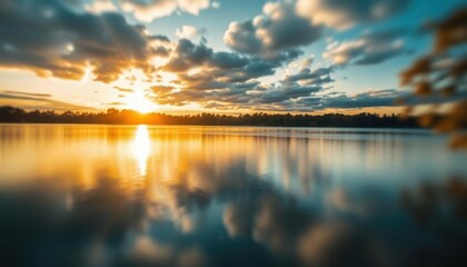 Fototapeta premium a close up of a lake with a sun setting in the background