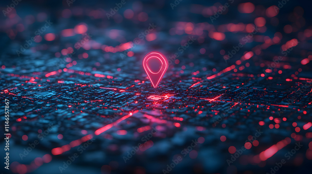 Poster a digital map with a glowing location pin, highlighting a specific area.