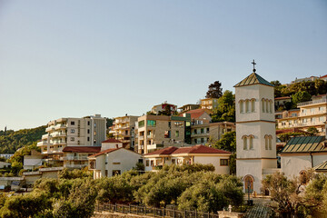 Living town buildings, city landscape, modern urban downtown, district panorama