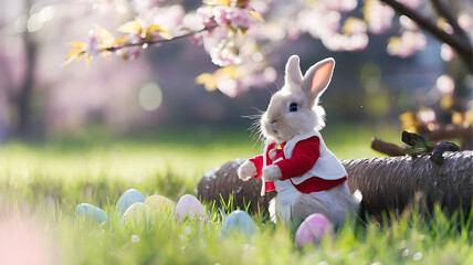 Adorable Bunny With Easter Eggs In Flowery Meadow