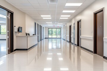 A clean, modern hallway in a professional building, featuring doors and a reception area.