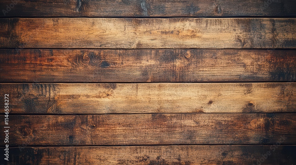 Poster top view of rustic wooden table texture, showcasing rich brown planks with unique grain patterns and