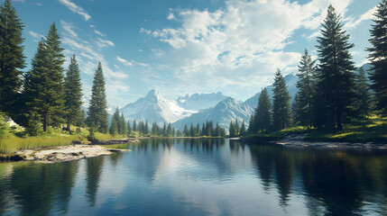Serene Mountain Lake 3D Illustration