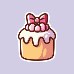 Kawaii Cake Illustration with Pink Bow and Dripping Frosting on Purple Background