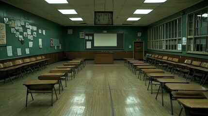 Empty Classroom  Old School Desks  Vintage Schoolroom Interior