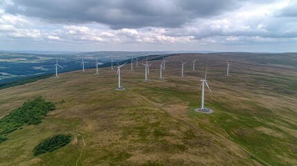 A sprawling wind farm stretching across a rolling countryside, with turbines spinning under a partly cloudy sky. Maintenance technicians in safety gear inspect turbine bases while drones conduct