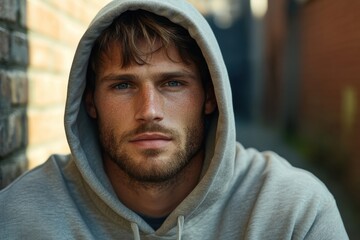 The image shows a charming young man in a cozy hoodie, displaying a contemplative expression as he leans against a brick wall, capturing a moment of serene reflection in the city.