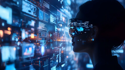 Woman wearing a VR headset, immersed in a futuristic digital world.  Vibrant blues and glowing data streams fill the background.