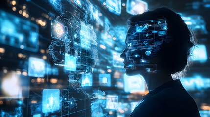 A woman's silhouette is overlaid with a futuristic digital interface, showcasing a world of data and information. The cool blue tones create a sense of mystery and technological advancement.