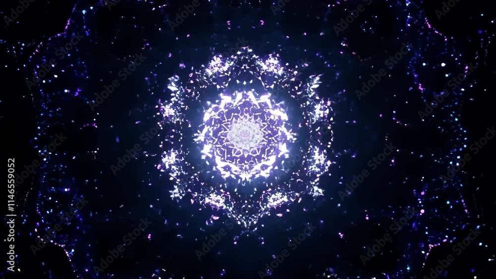 Poster visual display of vibrant light patterns creating a mesmerizing star-like formation in a dark enviro
