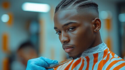 A young man in a barbershop preparing for a haircut, showcasing grooming and style.