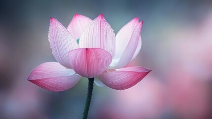 Delicate Pink Lotus Blossom with Dew Drops on Petals Against a Soft Focus Background, Evoking Serenity and Natural Beauty in Nature