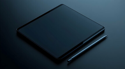 Sleek dark-colored tablet and stylus rest on a dark surface. The minimalist composition creates a sophisticated and modern feel.