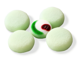 Mochi Soft and chewy rice cake balls filled with sweet red bean paste, arranged in a dynamic pattern with colorful