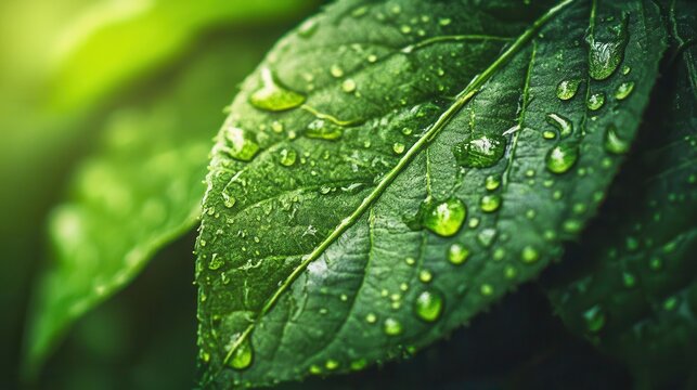 vibrant green leaf texture zoomed in, showcasing the intricate veins and droplets of water. the composition emphasizes the lushness of nature, embodying the essence of sustainability and organic life
