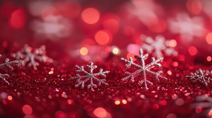 vibrant photo of a festive red christmas background adorned with delicate snowflakes, capturing the essence of holiday cheer and seasonal warmth in a visually appealing way