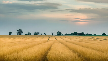 Fototapeta premium Landscape of field of wheat in the evening sky