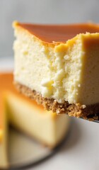 Upside-down perspective of a slice of New York cheesecake as it&rsquo;s being lifted off the plate, with the creamy texture and graham cracker crust in focus