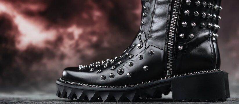 Close-up of a high-fashion boot with metal studs and zippers, in jet black leather, against a dramatic background 