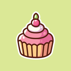 Kawaii Cupcake Illustration with Cherry and Cream on Green Background