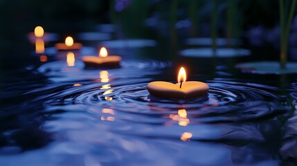 Heart Shaped Candles Floating on Water at Night