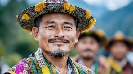 Obraz premium Smiling man in traditional Bhutanese hat and attire.