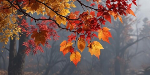 golden and crimson leaves hang from a sturdy branch, color gradient, seasonal change, outdoor photography