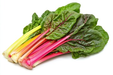 A bundle of rainbow chard with colorful stems and vibrant green leaves, isolated on a white background