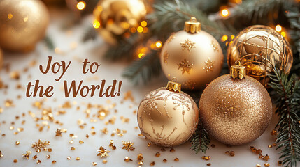 A soft beige background with thin golden ornaments arranged symmetrically. Text: "Joy to the World!"