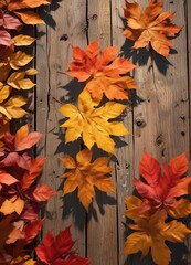 Obraz premium golden hues of sunset cast shadows on vibrant colored leaves on old wooden canvas, natural, color palette, wooden canvas