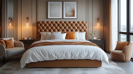 Fototapeta premium Luxurious bedroom with tufted headboard, soft lighting, and city view.
