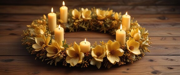 Golden magnolia wreath on a wooden table with candles, floral wreath, wreath decoration