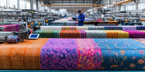 An expansive textile factory where automated looms create custom-patterned fabrics, monitored by technicians using smart tablets. Vibrant textiles roll seamlessly into precision-cutting stations. 
