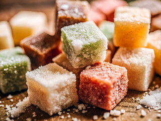 Delicious colorful pastel sugar cubes on sugar. Tasty Food background
